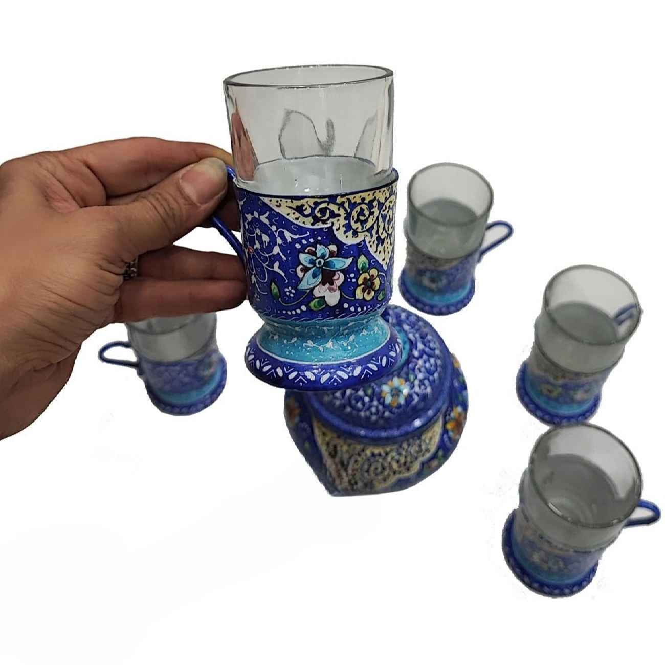 Handcrafted Persian Copper Tea Set – Minakari Enameled in Blue