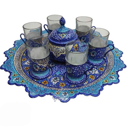 Handcrafted Persian Pottery Tea & Coffee Set – Minakari Enameled in Blue