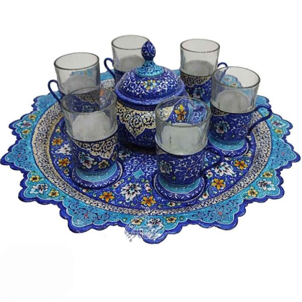 Handcrafted Persian Copper Tea Set - Minakari Enameled in Blue