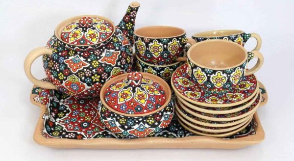 Set of Teapot, Pottery Cups, Tray & Candy pot