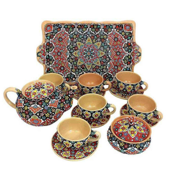 Set of Teapot, Pottery Cups, Tray & Candy pot