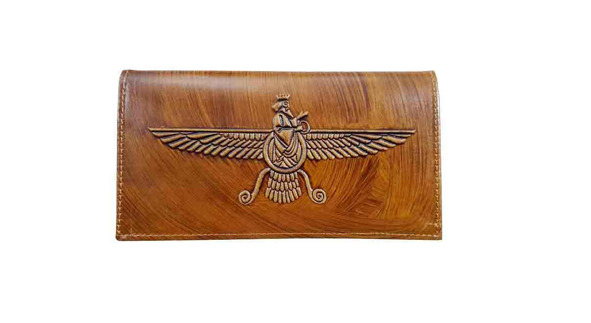 Persian Leather Long Wallet for Men with Faravahar & Achaemenid Design