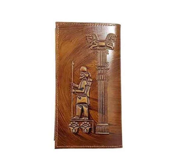 Persian Leather Long Wallet for Men with Faravahar & Achaemenid Design