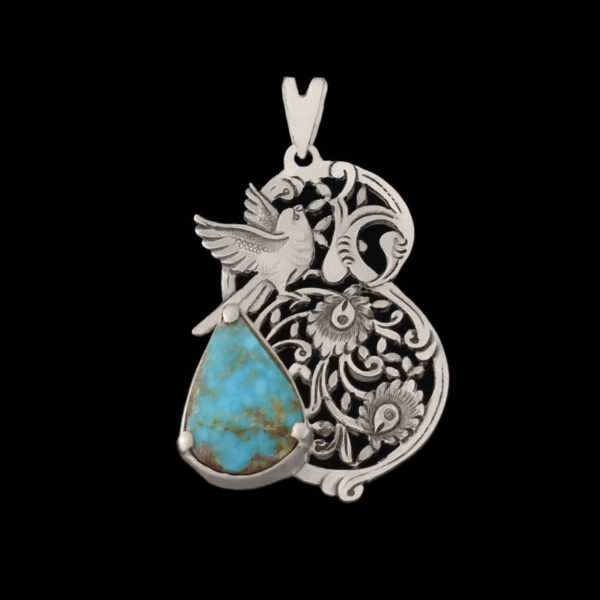 Persian Engraved Silver Pendant with Turquoise Gemstone