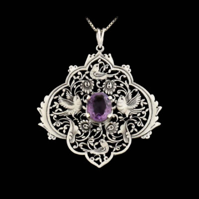 Persian Engraved Silver Pendant with Amethyst Gemstone
