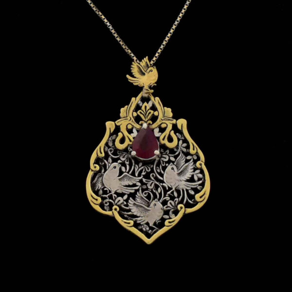 Engraved Sterling Silver & Brass Necklace With Ruby