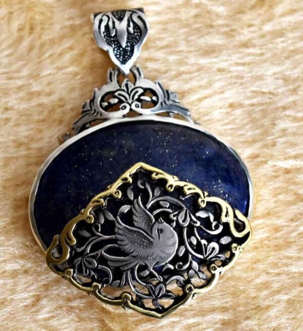 Persian Engraved Silver Pendant with Purple Azure Gemstone