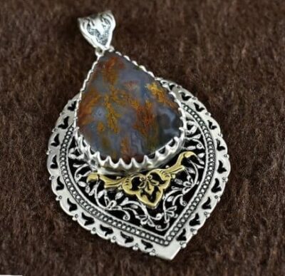 Persian Engraved Silver Pendant with Opal Gemstone