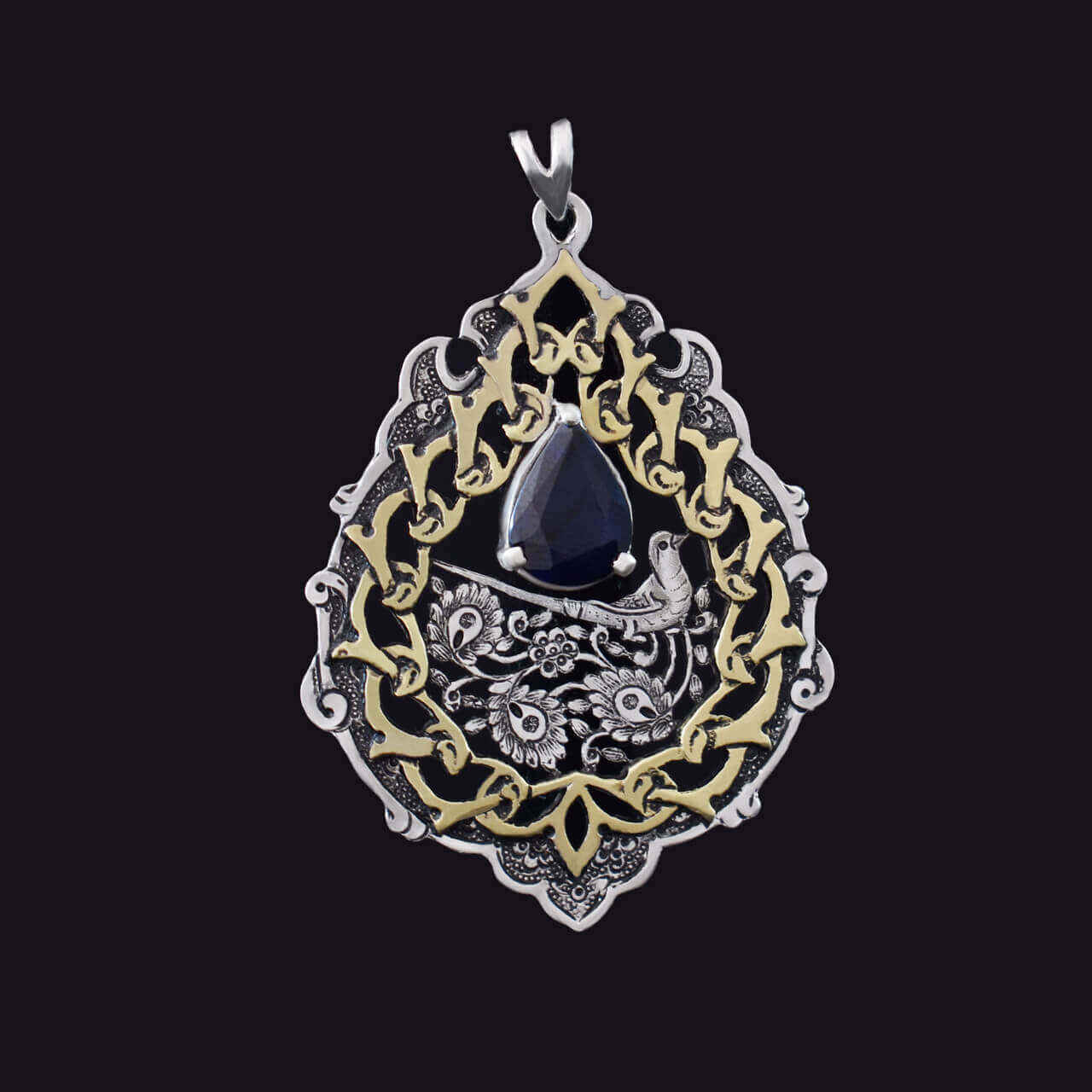 Persian Engraved Silver Pendant with Sapphire Gemstone
