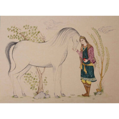 Original Persian Miniature Art Painting: Watercolor and Gouache on Cardboard – Boy and Horse