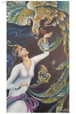 Original Persian Miniature Art Painting: Acrylic on Cardboard – Girl and Phoenix