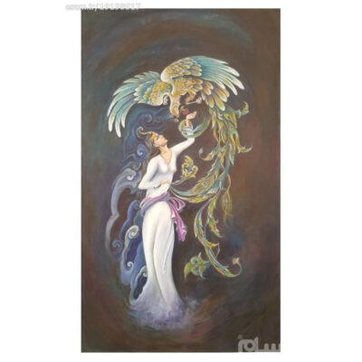 Original Persian Miniature Art Painting: Acrylic on Cardboard – Girl and Phoenix