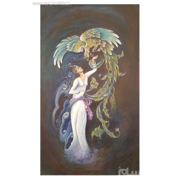 Original Persian Miniature Art Painting: Acrylic on Cardboard - Girl and Phoenix