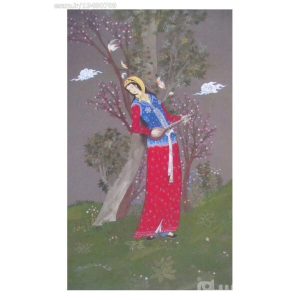 Original Persian Safavid Art Painting: Watercolor and Gouache on Cardboard - Spring and Setar