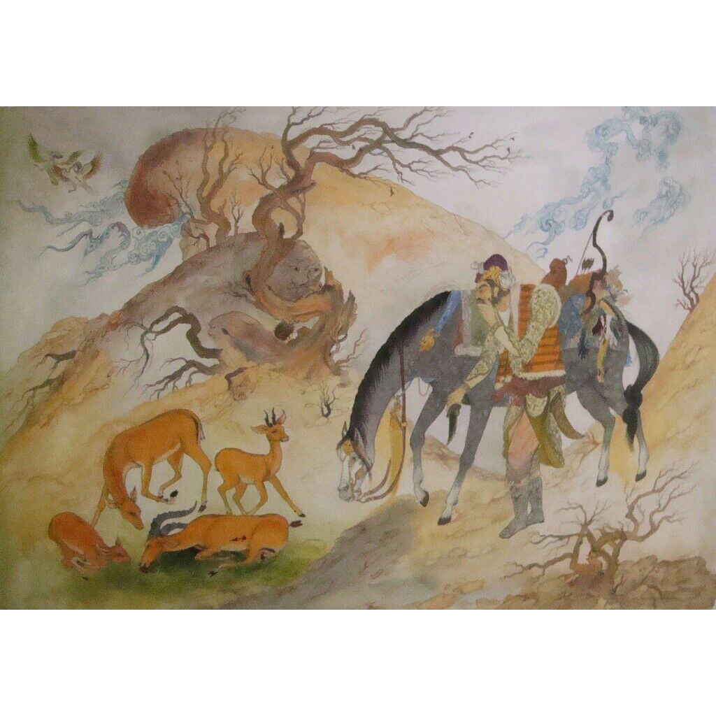 Original Persian Miniature Art Painting: Gouache and Watercolor - Hunting