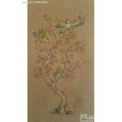 Original Persian Miniature Art Painting: Gouache and Watercolor – Tree and Birds