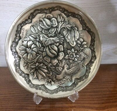 Persian Decorative Copper Engraved Wall Plate Flowers & Birds