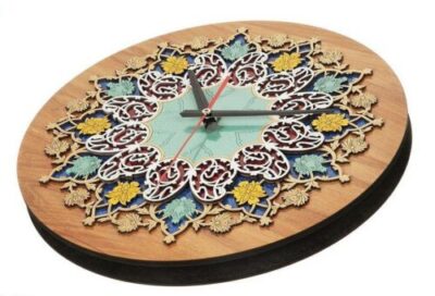Handcrafted Persian Inlaid Wood Wall Clock with Floral Pattern