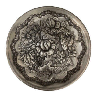 Persian Decorative Copper Engraved Plate Flowers & Birds
