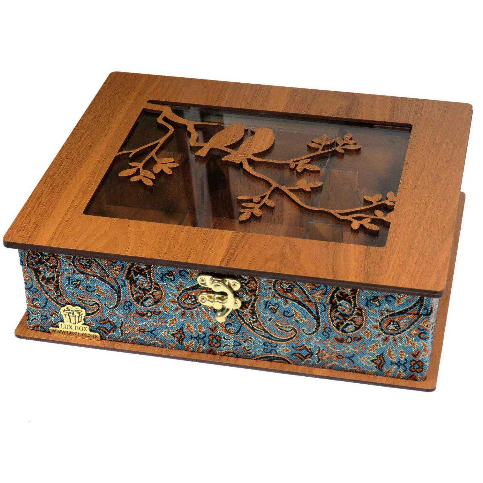 Wooden Tea Bag Organizer Box with Chest Termeh LB63 ShopiPersia