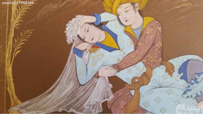 Original Persian Safavid Art Painting: Watercolor and Gouache on Cardboard – Layla and Majnun