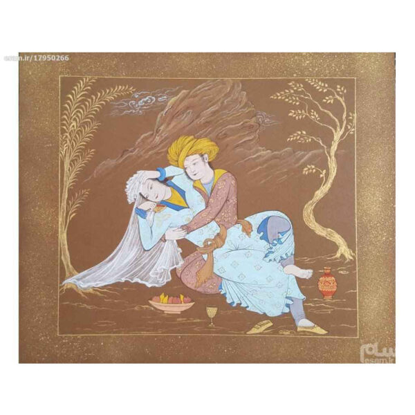 Original Persian Safavid Art Painting: Watercolor and Gouache on Cardboard - Layla and Majnun