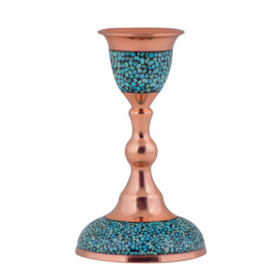 Handcrafted Persian Copper Candlestick – Inlaid Turquoise Design – Abr