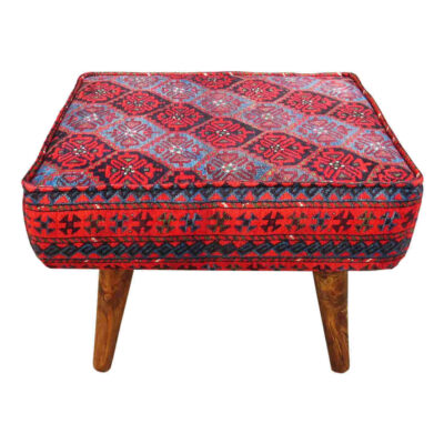 Traditional Red Persian Footstool with Wooden Legs and Velvet Fabric MO2