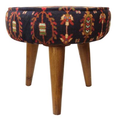 Traditional Red Persian Footstool with Wooden Legs and Velvet Fabric Art