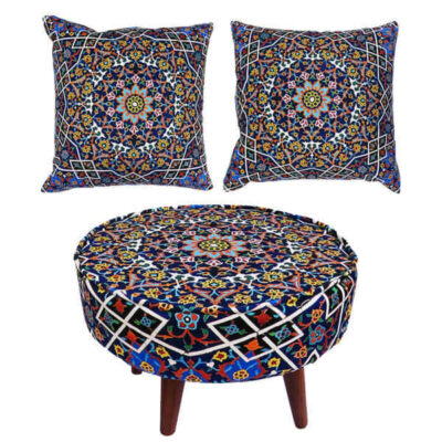 Eclectic Velvet Footstool & Cushions Set Inspired by Persian Art