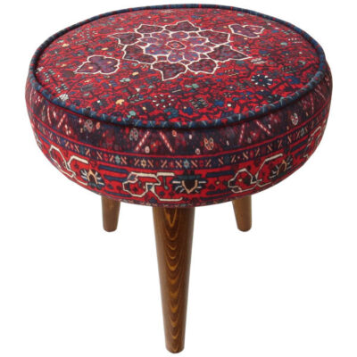 Traditional Red Persian Footstool with Wooden Legs and Velvet Fabric Art