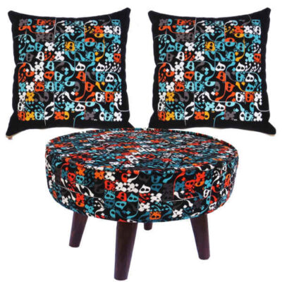 Eclectic Velvet Footstool & Cushions Set Inspired by Persian Art