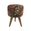 Traditional Persian Footstool with Wooden Legs and Velvet Fabric Geometric