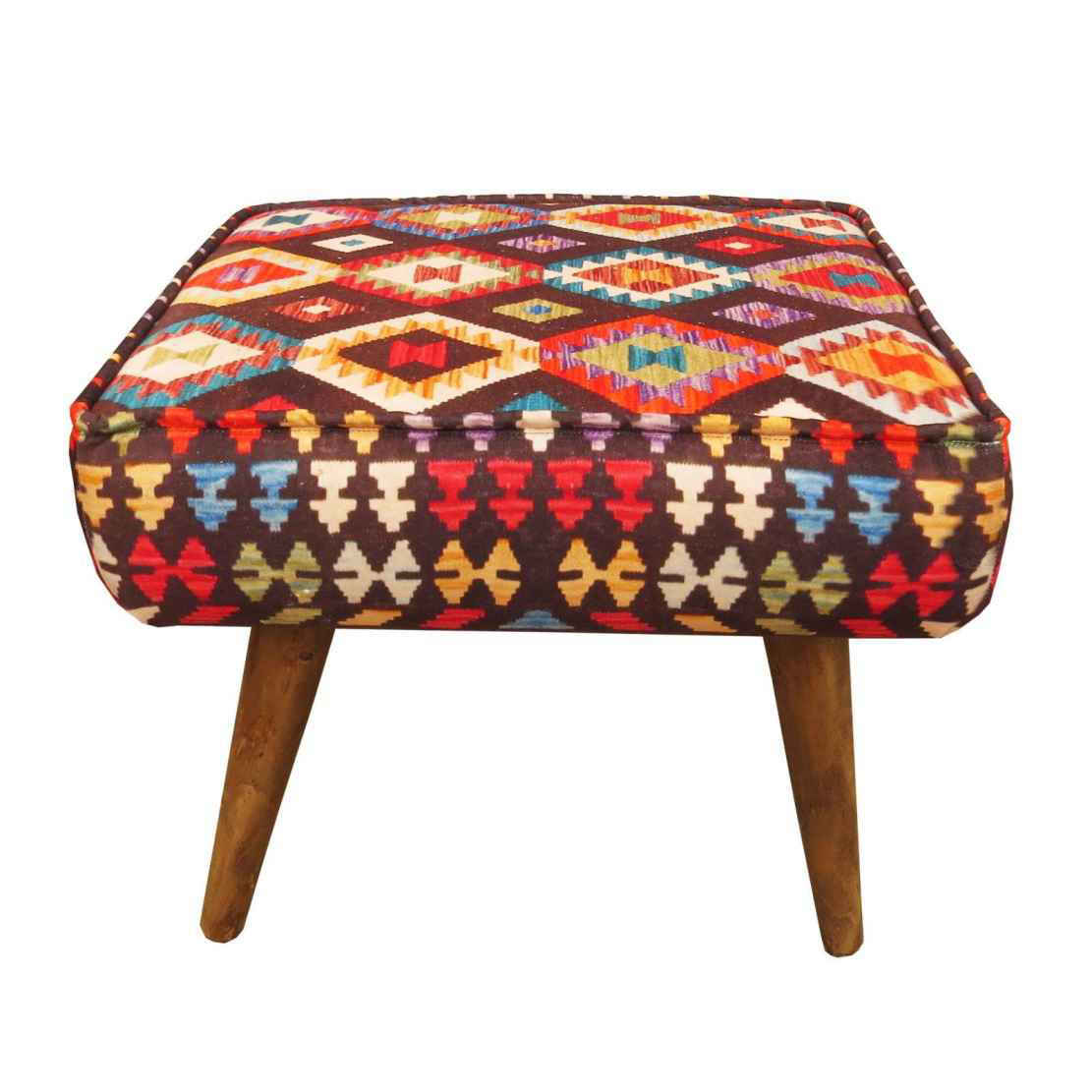 Traditional Red Persian Footstool with Wooden Legs and Velvet Fabric Art