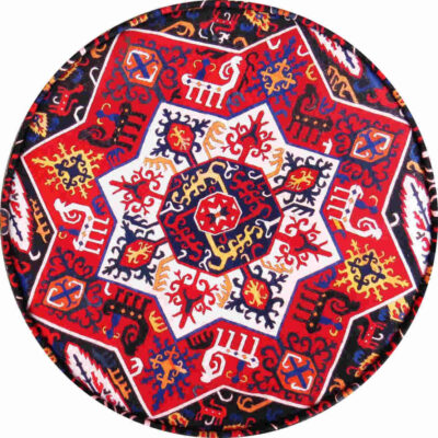 Traditional Red Persian Footstool with Wooden Legs and Velvet Fabric Round Kl