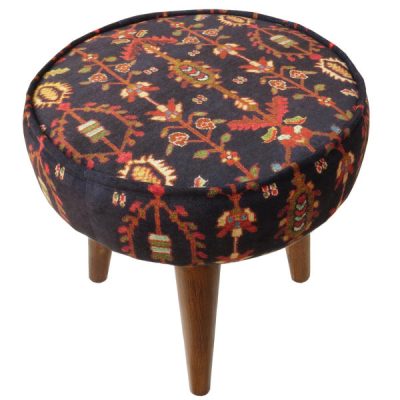 Traditional Red Persian Footstool with Wooden Legs and Velvet Fabric Art