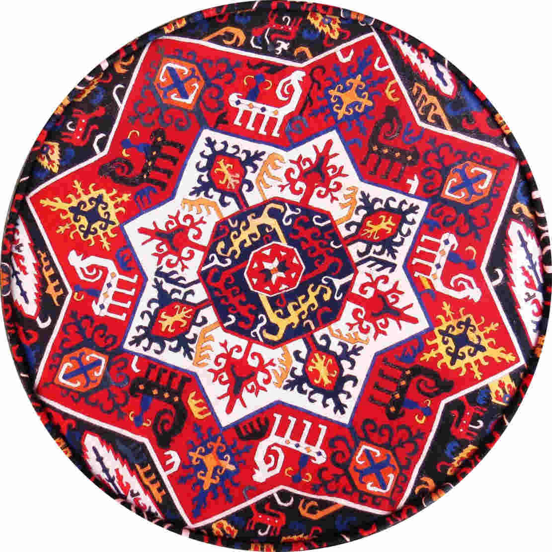 Traditional Red Persian Footstool with Wooden Legs and Velvet Fabric Round Kl