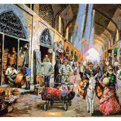 Hand-Knotted Persian Pictorial Rug from Tabriz Depicting Bazaar Coppersmiths