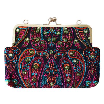 Embroidered Clutch Handbag with Paisley Pattern