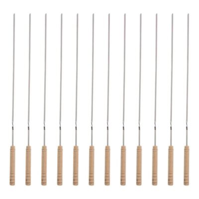 Set of Twelve Steel Skewers with Wooden Handle for Kebab and Grilling