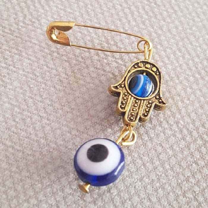 Evil Eye Safety Pin Brooch with Hand Design – Spiritual Protection
