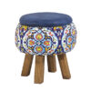 Round Velvet Footstool with Wooden Legs Inspired by Persian Art Blue