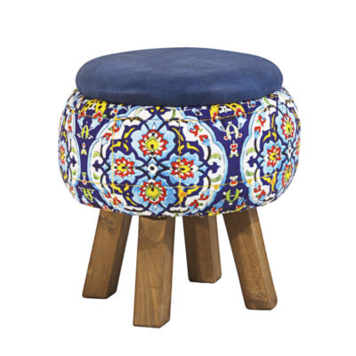Round Velvet Footstool with Wooden Legs Inspired by Persian Art Blue