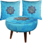 Eclectic Round Velvet Footstool & Cushions Set Inspired by Persian Art