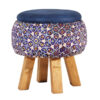 Round Velvet Footstool with Wooden Legs Inspired by Persian Art Navy Blue