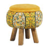 Round Velvet Footstool with Wooden Legs Inspired by Persian Art Yellow