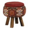 Round Velvet Footstool with Wooden Legs Inspired by Persian Art Red