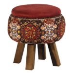 Round Velvet Footstool with Wooden Legs Inspired by Persian Art Red