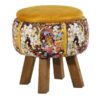 Round Velvet Footstool with Wooden Legs Inspired by Persian Art Yellow Pictorial