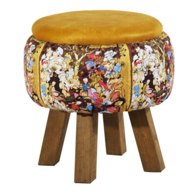 Round Velvet Footstool with Wooden Legs Inspired by Persian Art Yellow Pictorial